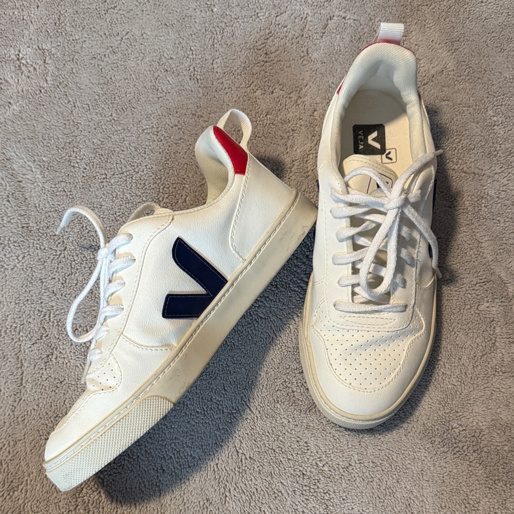 Veja Women's White and Navy Sneakers with Red Detail
